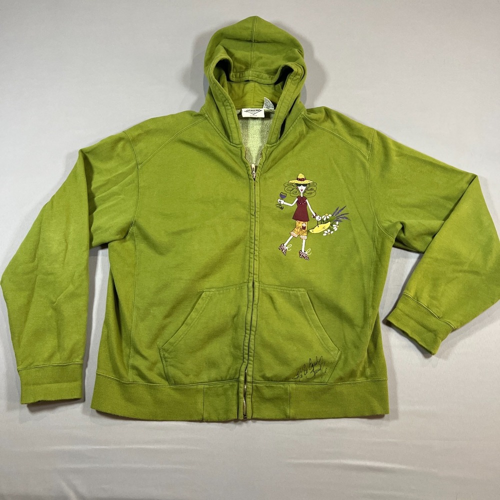 Genuine Pigment Dyed Hoodie Womens XL Olive Green Graphic Fleece Lined Full Zip